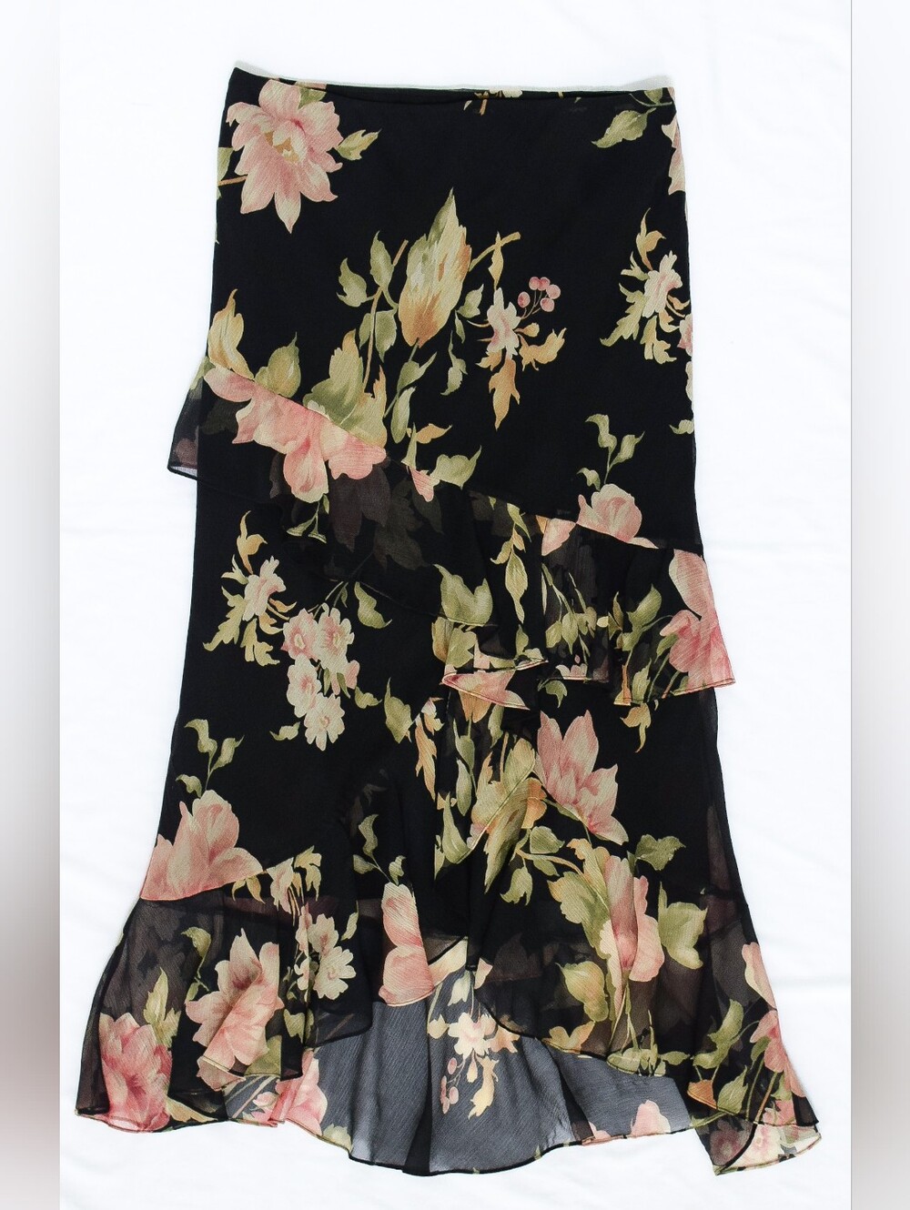 Vintage Ralph Lauren Floral Silk Midi Skirt Low Rise Asymmetrical Size 4 Fairy